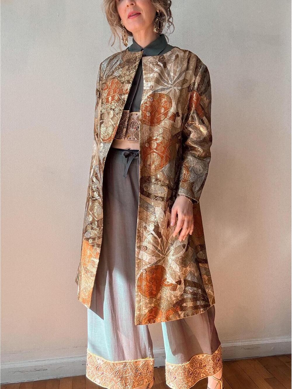 Vintage 1970s Bill Blass Metallic Gold Floral Belted Evening Coat